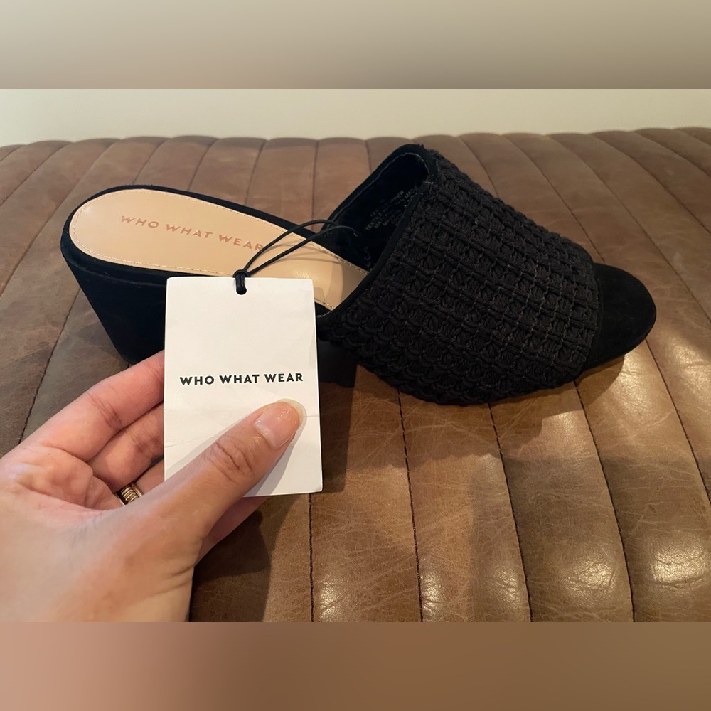 NEW Who What Wear ‘Felicity’ Black Open Toe Mule Woven Low Heeled Slides  Sz 10
